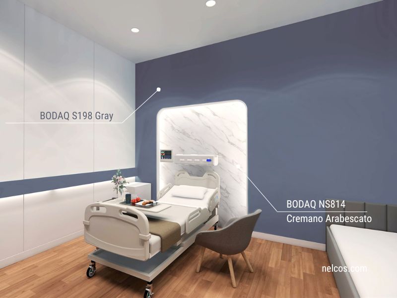 NS814 Cremano Arabescato and S198 Gray interior film patterns used to wrap hospital room walls