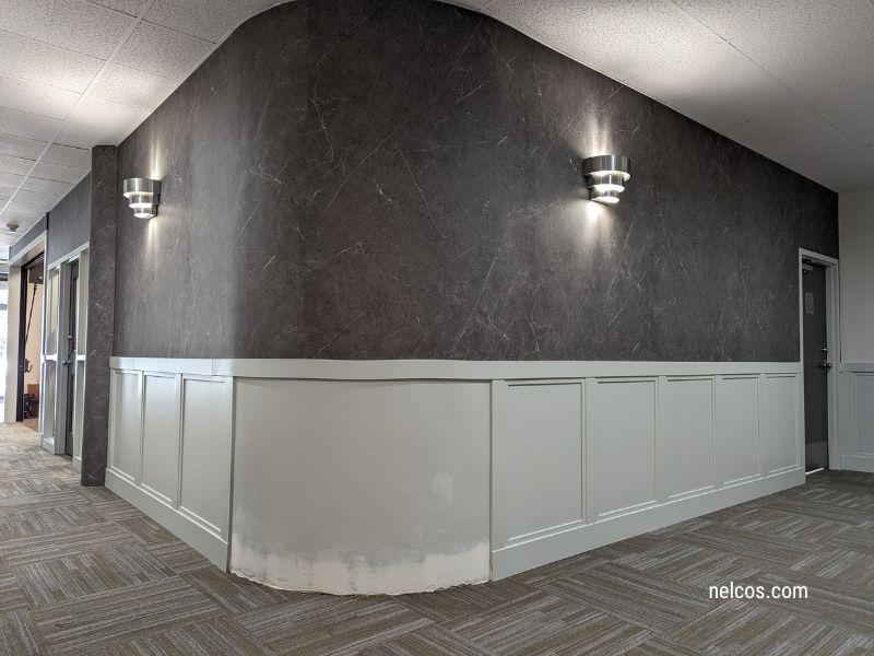 Hospital walls after refinishing with PM006 Pietra Gray Marble interior film pattern.