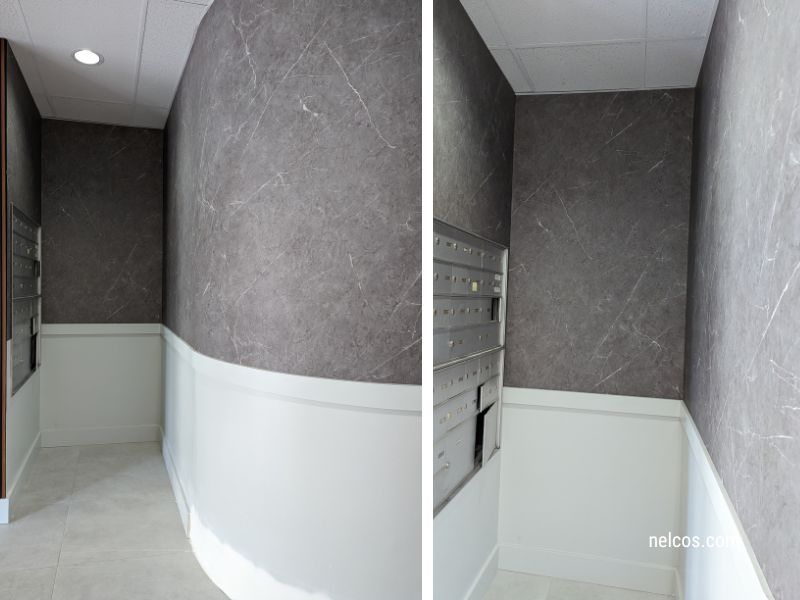 Hospital walls after refinishing with PM006 Pietra Gray Marble interior film pattern.